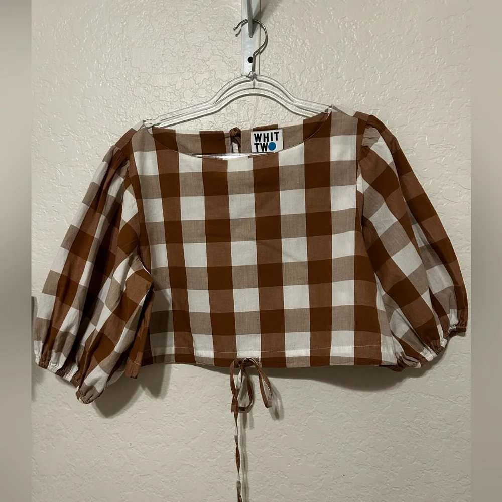 🛼Anthropologie WHIT TWO Gingham Brown and White Checkered Top size S GUC..